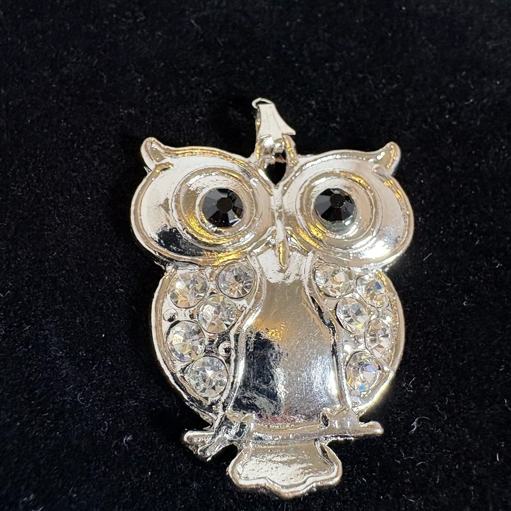 MCM Silver Tone Owl Pendant with Black Rhinestone Eyes